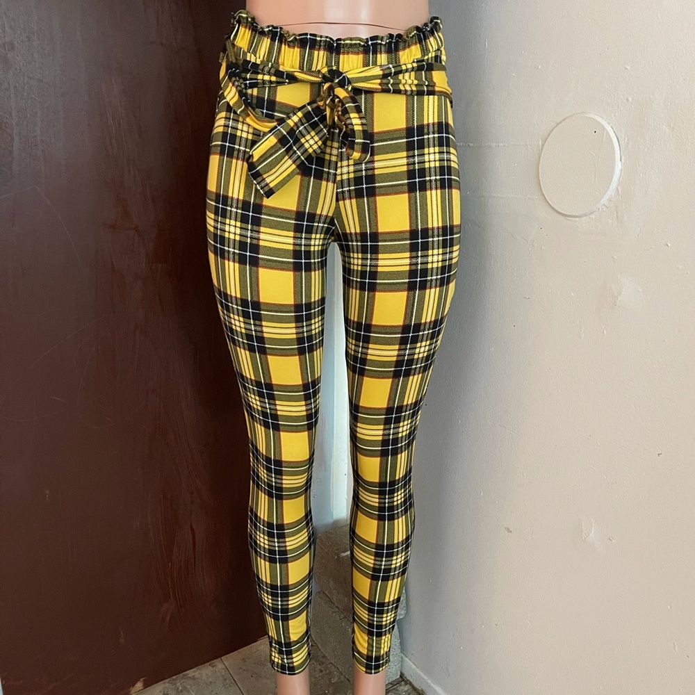 Yellow Tartan PaperBag Tie Waist Leggings Pants